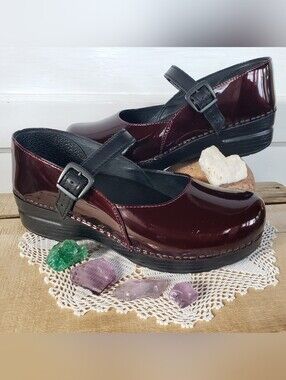 Glossy Plum Dansko Pro MaryJane Marcelle Clog Patent Leather Strappy Buckle Boho